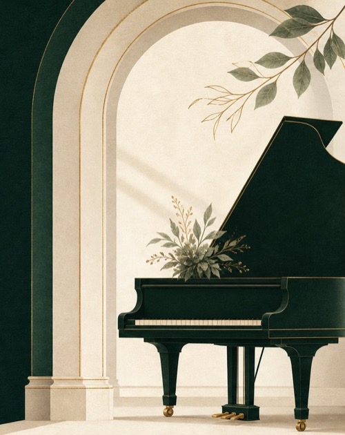 Grand piano beneath an ivory arch with understated greenery